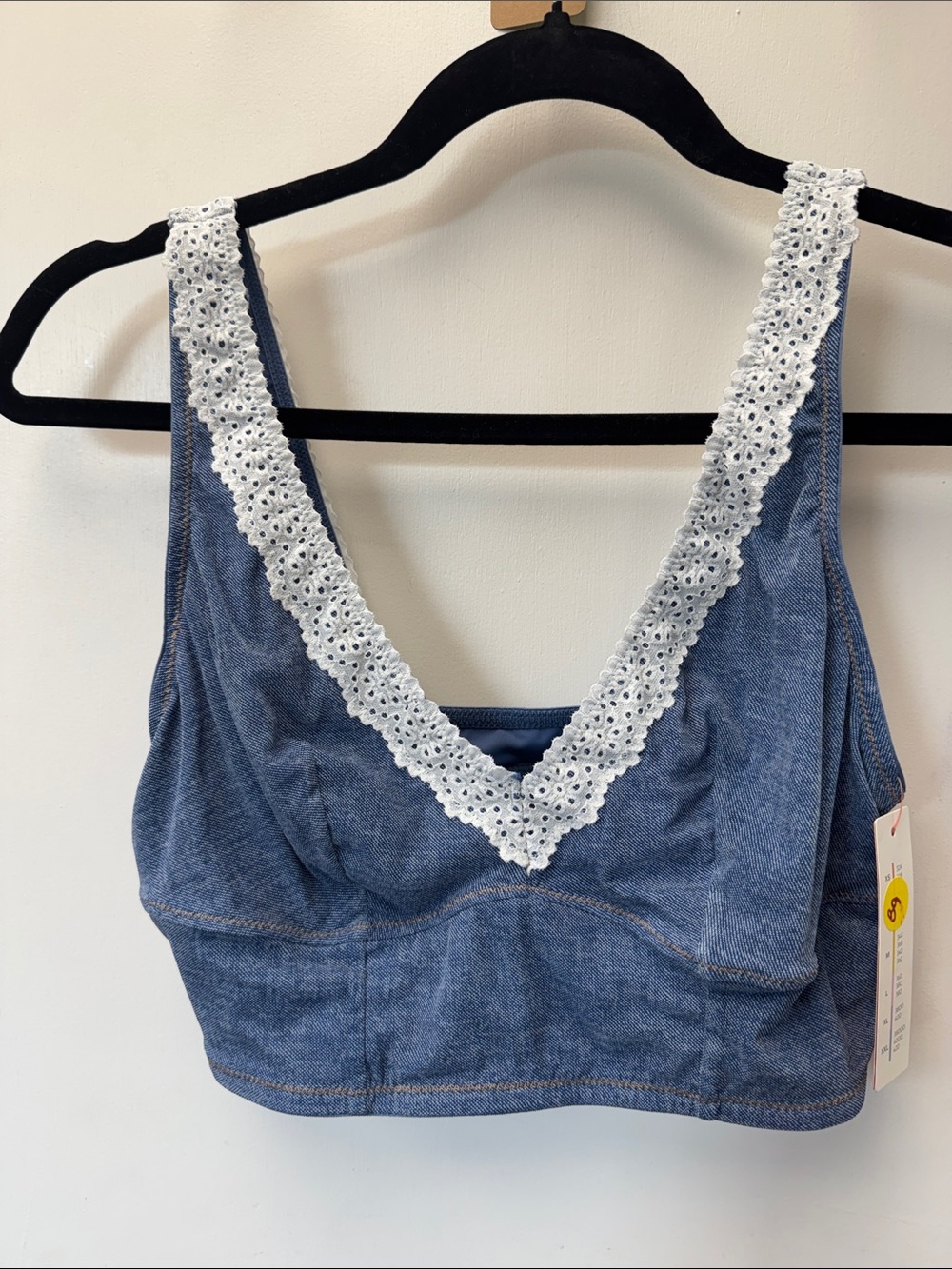 Colsie Denim-Blue Bralette with White Eyelet Lace
